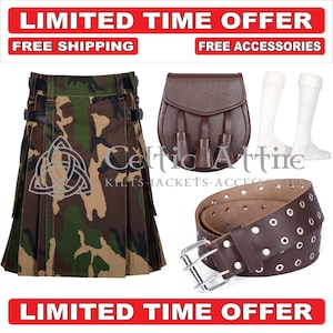 Men&#39;s Premium Handmade Custom Cotton Utility Kilt  - Free Accessories - Free Shipping - Kilt Belt - Kilt Socks - Kilt Sporran - Army Camo