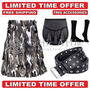 Men&#39;s Premium Handmade Custom Cotton Utility Kilt  - Free Accessories - Free Shipping - Kilt Belt - Kilt Socks - Kilt Sporran - Urban Camo