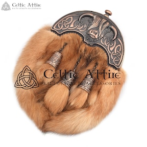 Copper Bronze Highland Cow Cantle - Scottish Full Dress Sporran with Belt & Strap - Premium Handmade KILT SPORRAN - Black Leather