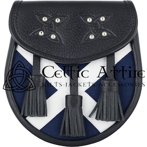 Premium handgefertigt - schottische Kilt Sporran & Kette Gürtel - Saltire Flagge - keltische Sporran - schwarzes Leder Sporran - Tag Sporran