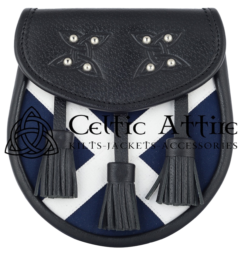 Saltire Flag Celtic Sporran Black Leather Sporran Day Sporran Scottish Kilt Sporran /& Chain Belt Premium Handmade