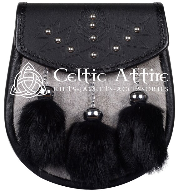 Premium Fatto A Mano - Grigio E Nero Coniglio Pelliccia Semi Abito Scozzese SPORRAN - Celtic Sporran E Cintura Catena - Kilt Sporran - Italia - Foto 4