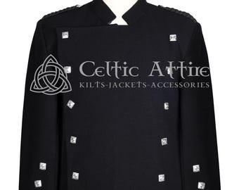May include: A black jacket with a high collar and long sleeves, featuring silver-toned square buttons arranged on the front and cuffs. The garment displays the text Celtic Attire Kilts-Jackets-Accessories and a triquetra symbol on the chest area.