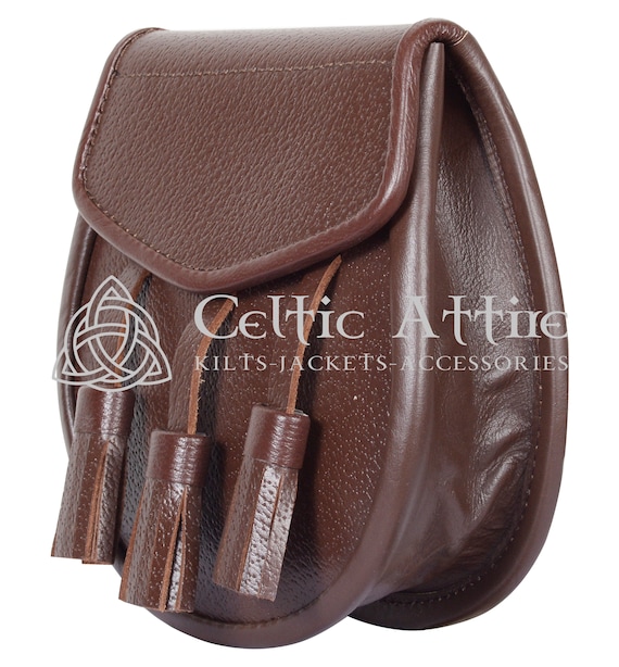Kilt Sporran Tradizionale Scozzese Semi-Dress – Pelle Marrone Con Design Brough E 5 Nappe, Fatto A Mano Con Catena - 2