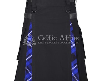 May include: Black kilt with blue and white plaid accents. Features leather straps, metal hardware, and side pockets. The text "Celtic Attire" is visible on the kilt.