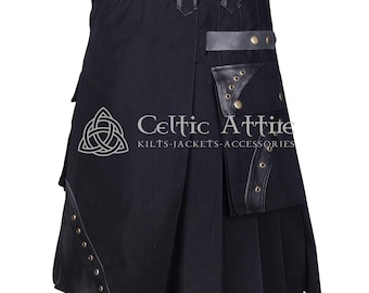 May include: Black utility kilt with multiple pockets and leather accents. The kilt features a Celtic knot design and the text "Celtic Attire Kilts-Jackets-Accessories".