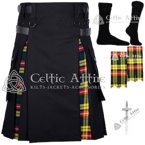 Black Cotton Utility Hybrid Kilt - Scottish Tartan Cargo Pockets KILT For Men - Kilt Pin, Flashes, Kilt Socks - 65 Colors - Made to Order