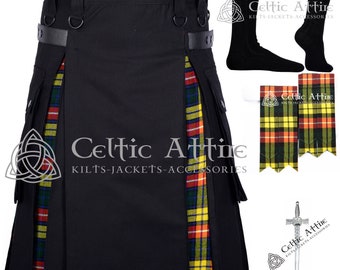 May include: Black utility kilt with a red, yellow, and green tartan trim. The kilt has a leather belt with buckles and two pockets on the sides. The kilt is paired with black socks, a black and yellow tartan kilt pin, and a black sword.