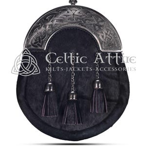 Premium - Handmade - Traditional Scottish Full Dress Sporran - Black Bovine Fur - Antique Cantle - Celtic Sporran - Kilt Sporran and Belt