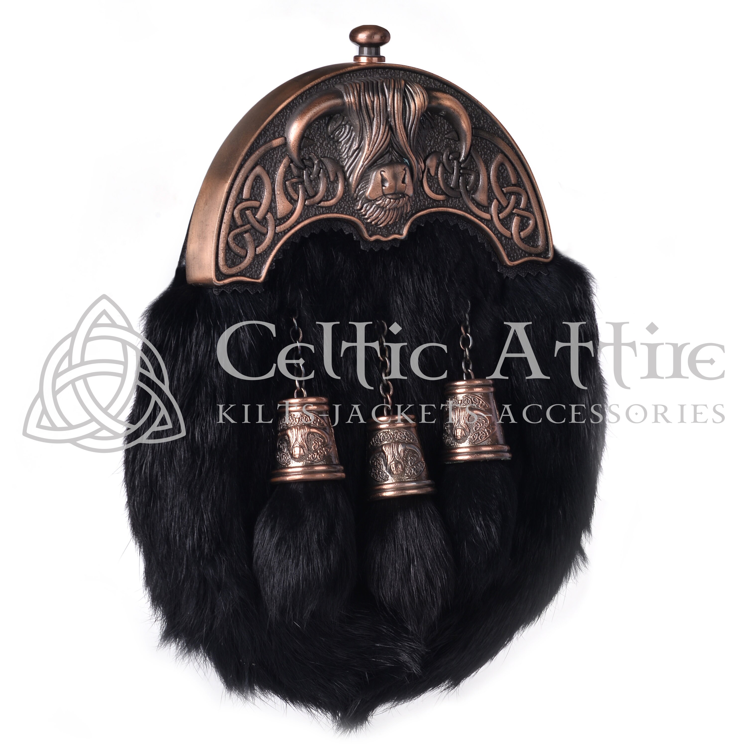 Semi Abito Scozzese Kilt Sporran Uomo – Pelle Mucca Nera Con 3 Nappe E Cintura Catena