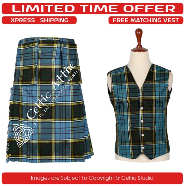 Premium Handmade - Scottish 8 Yard Traditional KILT Package - Detachable Pockets - 5 Buttons Argyle Vest / Kilt Waistcoat - 40+ Tartan