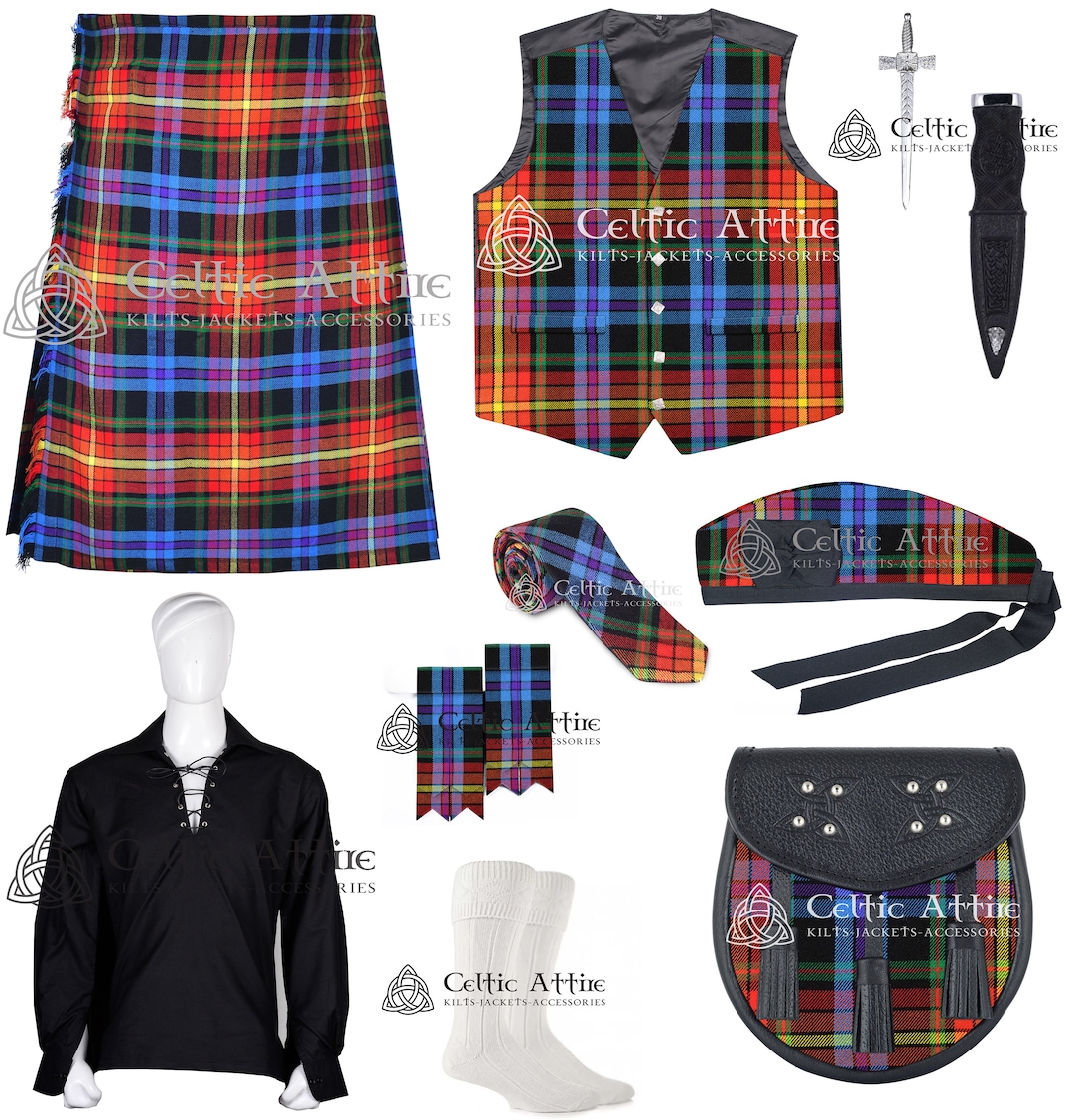 Scottish Kilt for Men Kilt Package Kilt Value Pack Kilt Pin Flashes