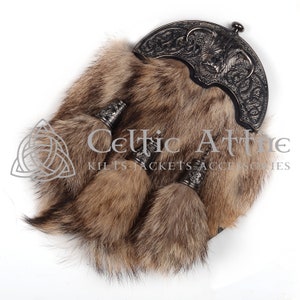 Premium Handmade Scottish Full Dress Sporran - KILT SPORRAN and Belt - Black Leather with Coyote Fur Highland Cow Antique Black Cantle