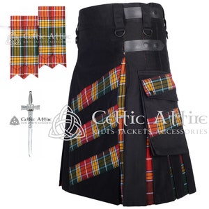 Tartan Utility Hybrid Kilt for Men - Free Kilt Pin - Free Pair of Flashes - Black Cotton Kilt - Scottish Highlander Sport Kilt Package