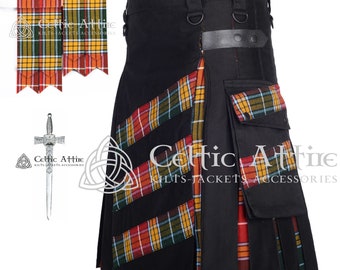 May include: Black utility kilt with red, yellow, and green tartan panels. The kilt has a large cargo pocket on the right side and two straps with buckles on the front. The kilt is made by Celtic Attire.