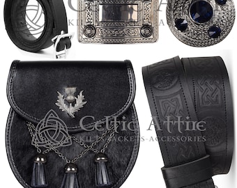 Black Leather Semi Dress V Cross Sporran - Plain Black Leather KILT SPORRAN Package - Sporran Belt - Leather Kilt Belt & Buckle - Brooch Pin