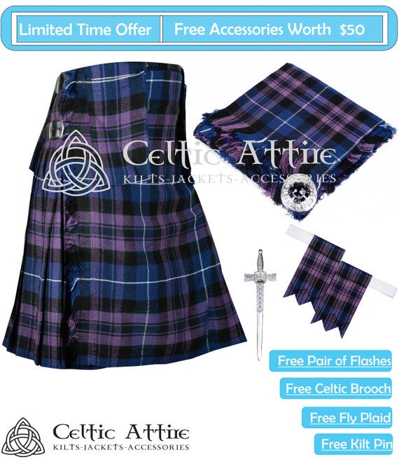 Men's Pride Of Scotland 5 Yard Highland Tartan Kilt 4 Pcs Set With Accessories 
