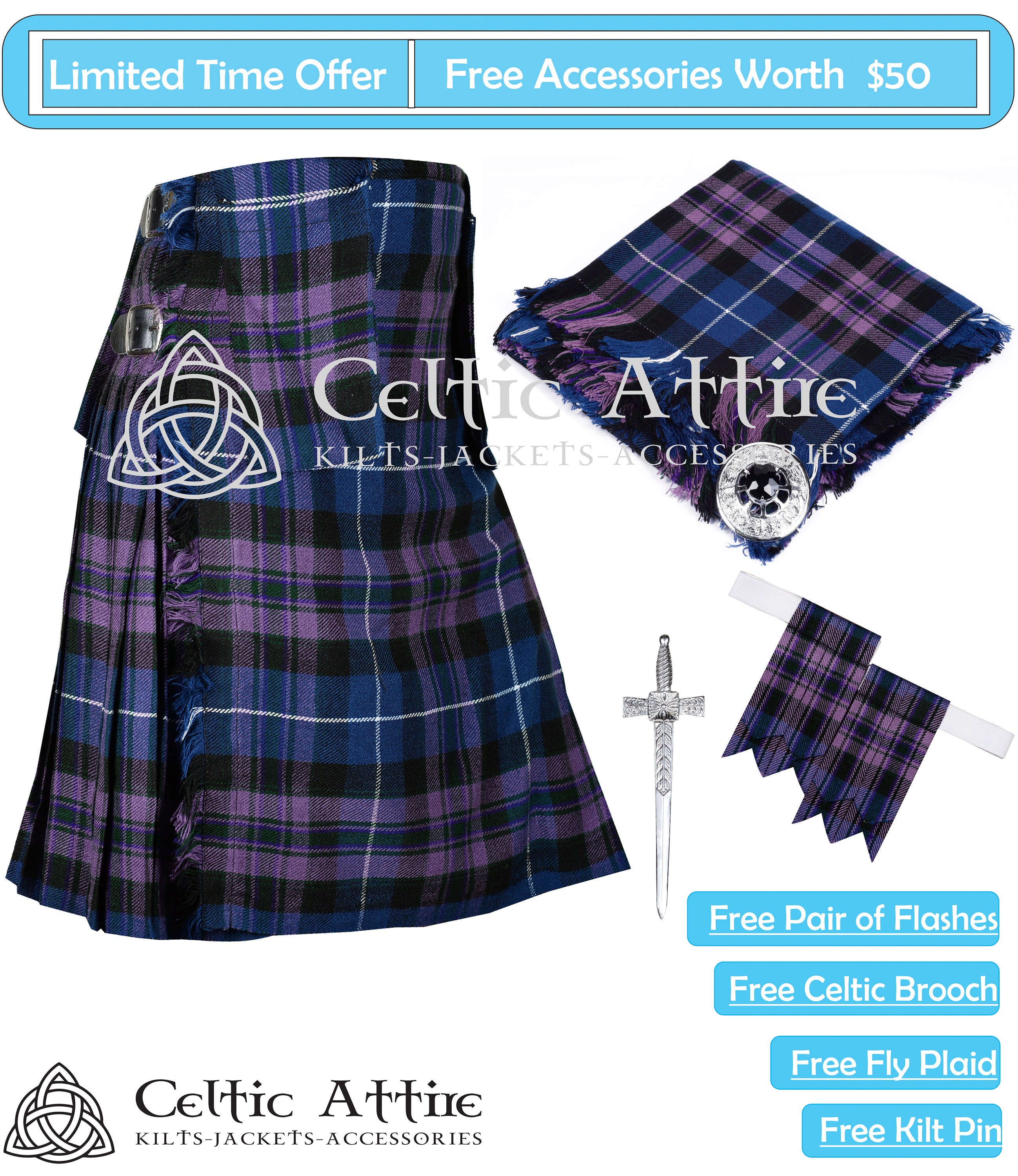 Men's Pride Of Scotland 5 Yard Highland Tartan Kilt 3 Pcs Set With Accessories 