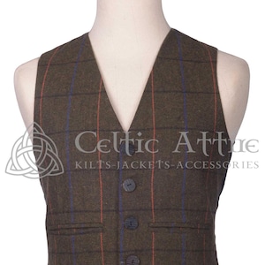 Country Brown Tweed Vest - Scottish Tweed Waistcoat - 5 Buttons Argyll Vest - 100% Wool Premium Handmade - Kilt Waistcoat - Herringbone Vest