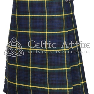May include: A tartan kilt in a blue, green, and yellow plaid design. The kilt has a leather belt with a silver buckle. The text "Celtic Attire" and "Kilts-Jackets-Accessories" is visible.