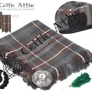Kilt Accessories Package - Tartan Fly Plaid - Celtic Brooch - Glengarry Hat -Thistle Cap Badge - Hackle Feather - Pair of Flashes