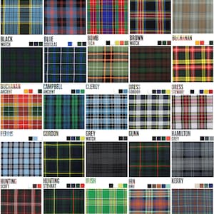 May include: A chart of 25 different tartan patterns, each with a name and a color scheme. The tartans are arranged in a grid of five rows and five columns. The tartans are all different colors and patterns, but they all have a common theme of being traditional Scottish tartans.