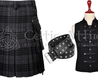 Grey Watch Tartan Gothic Kilt Value Pack - Tartan Utility Kilt - Punk Rock - Free Waistcoat - Leather Kilt Belt - Custom Made - Cyber Goth