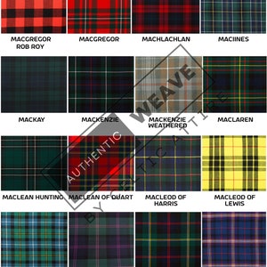 Peut inclure: Un tableau de diff&eacute;rents motifs de tartans avec les noms de chaque motif list&eacute;s en dessous. Les motifs incluent le rouge, le noir, le vert, le bleu, le jaune et le blanc.