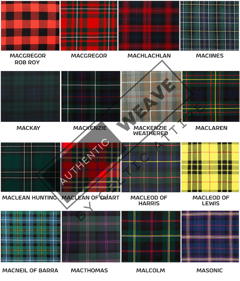 Peut inclure: Un tableau de diff&eacute;rents motifs de tartans avec les noms de chaque motif list&eacute;s en dessous. Les motifs incluent le rouge, le noir, le vert, le bleu, le jaune et le blanc.