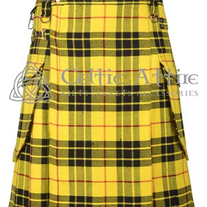 May include: A yellow, black, and red tartan kilt with a utility pocket on each side. The kilt has a buckle and metal rings on the waistband.