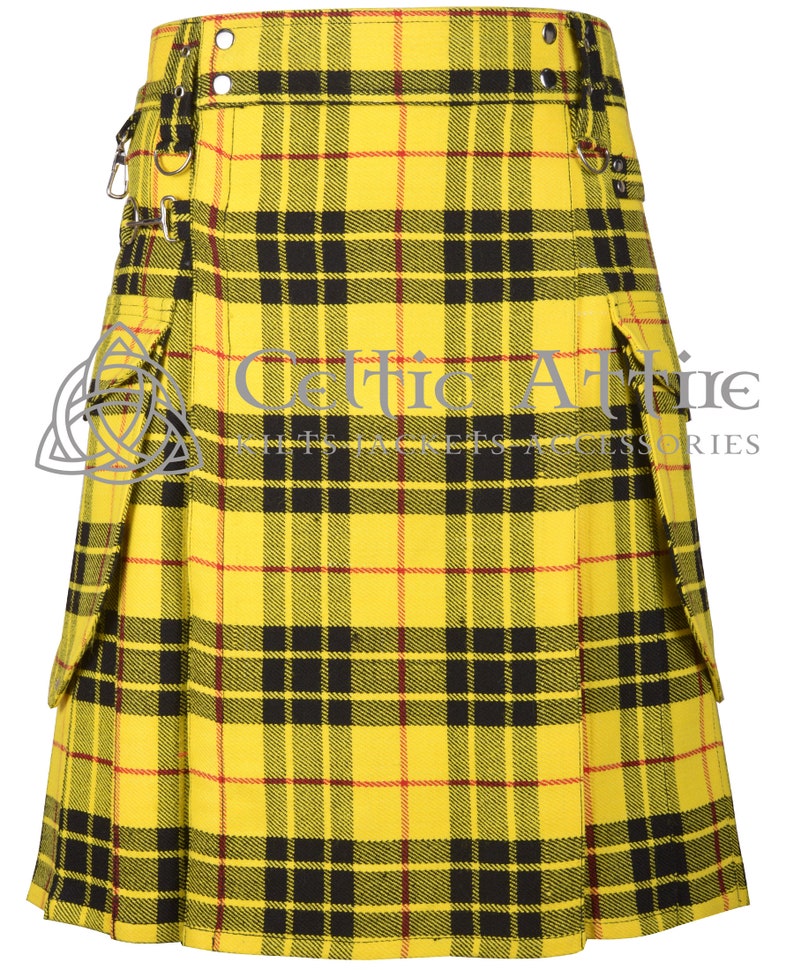 May include: A yellow, black, and red tartan kilt with a utility pocket on each side. The kilt has a buckle and metal rings on the waistband.
