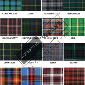 Peut inclure: Un tableau de 16 motifs de tartans diff&eacute;rents, chacun avec un nom en dessous. Les tartans sont tous des variations de vert, rouge, bleu, noir et blanc.