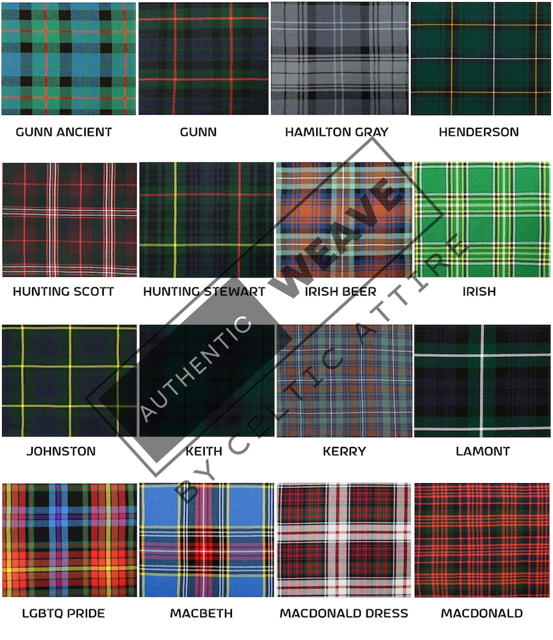Peut inclure: Un tableau de 16 motifs de tartans diff&eacute;rents, chacun avec un nom en dessous. Les tartans sont tous des variations de vert, rouge, bleu, noir et blanc.