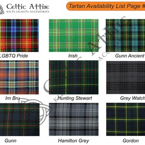 May include: A collage of nine different tartan patterns, each with a label underneath. The tartans include LGBTQ Pride, Irish, Gunn Ancient, Irn Bru, Hunting Stewart, Grey Watch, Gunn, Hamilton Grey, and Gordon.