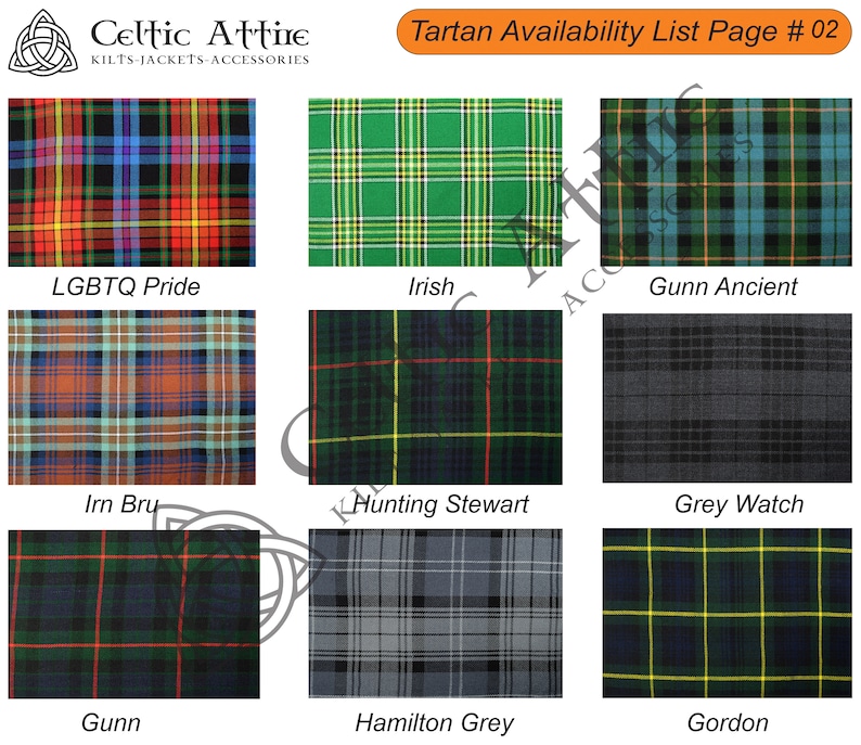 May include: A collage of nine different tartan patterns, each with a label underneath. The tartans include LGBTQ Pride, Irish, Gunn Ancient, Irn Bru, Hunting Stewart, Grey Watch, Gunn, Hamilton Grey, and Gordon.