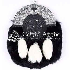 Premium - Traditional Scottish Full Dress Sporran - Black Leather & Black Rabbit Fur - Celtic Sporran - Kilt Sporran and Belt