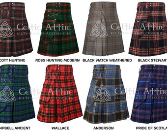 Scottish Tartan Utility Kilt - Highlander Sport Kilt - Custom Made Utility Kilt for Men - 60 Tartan Choices - 16 Oz Heavy Cargo Pockets Kilt