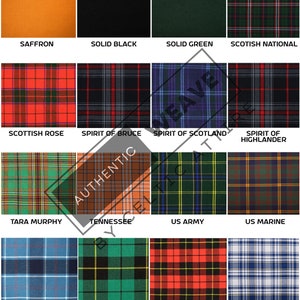Peut inclure: Un tableau de 12 motifs de tartans diff&eacute;rents, dont Scottish Rose, Spirit of Bruce, Spirit of Scotland, Spirit of Highlander, Tara Murphy, Tennessee, US Army, US Marine, US Navy, Wallace Hunting, Wallace et Yorkshire National.