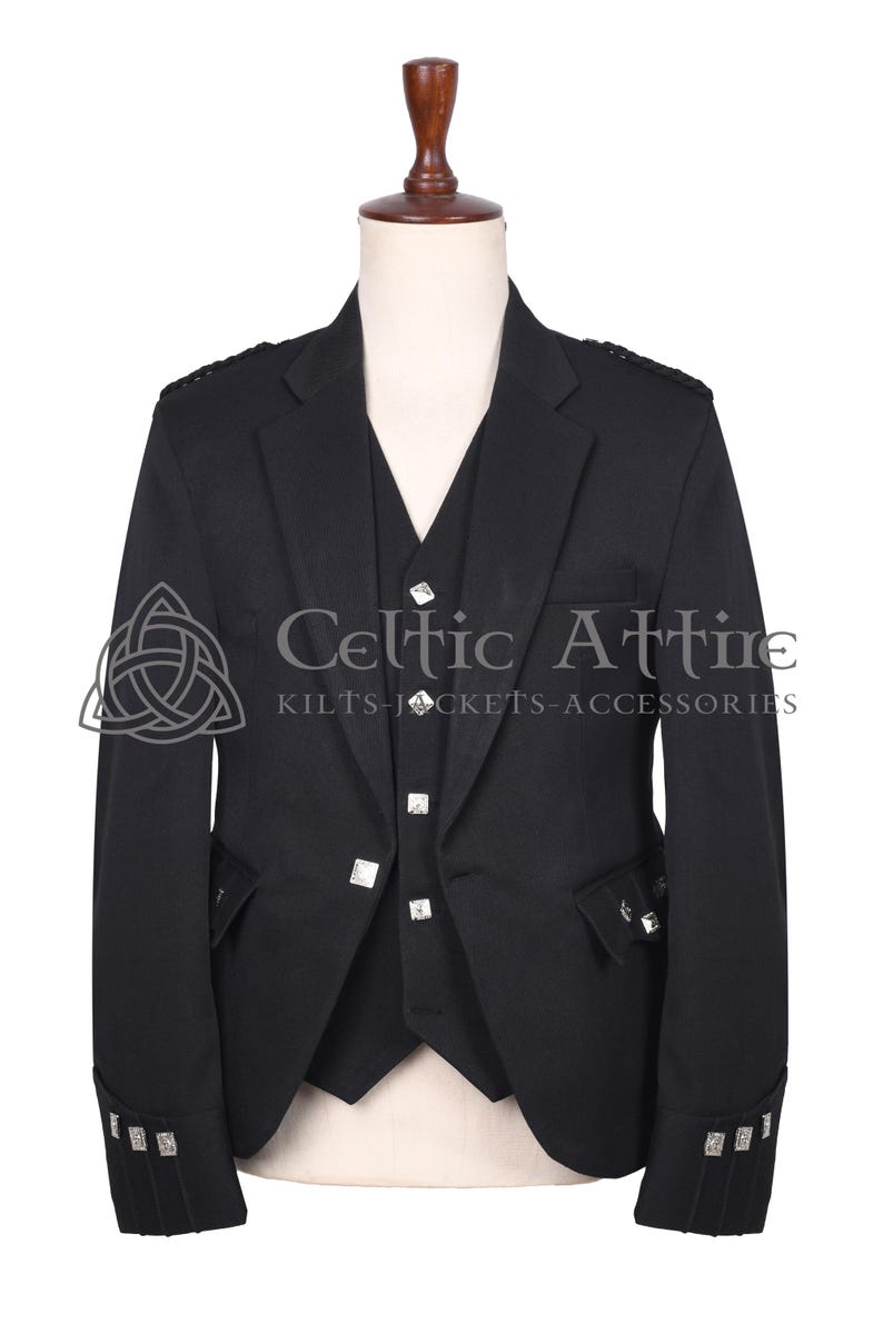Black Barathea Wool Argyll Scottish Jacket and Waistcoat - Made to Measure - by Celtic Attire