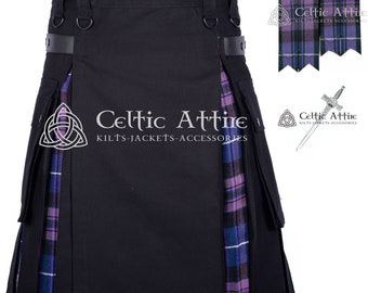 May include: A black utility kilt featuring purple and blue tartan side panels, cargo pockets, and adjustable black straps with metal hardware. The garment displays the text Celtic Attire Kilts-Jackets-Accessories and a triquetra logo emblem.