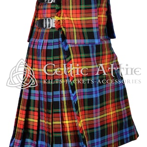 May include: A colorful kilt with a black background and a variety of colors including red, yellow, blue, green, and purple. The kilt has a fringe on the bottom and is secured with buckles.