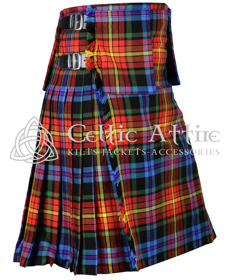 May include: A colorful kilt with a black background and a variety of colors including red, yellow, blue, green, and purple. The kilt has a fringe on the bottom and is secured with buckles.
