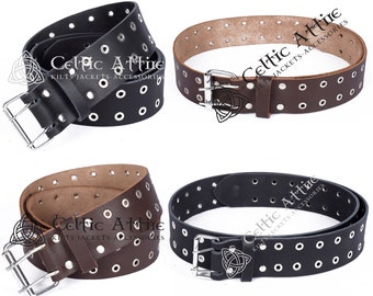 Black / Brown Leather KILT BELT - Real Leather 2 Inches Wide Kilt Belt - Brass Eyelets - Double Prong Buckle - Made to Order