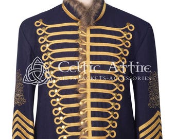 May include: A navy blue jacket with gold trim and buttons. The jacket has a faux fur collar and cuffs. The jacket has a Celtic knot design on the left sleeve and the text "Celtic Attire Kilts Jackets Accessories" on the right sleeve.