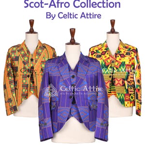 May include: Three tailored jackets from the Scot-Afro Collection by Celtic Attire. The jackets are displayed on mannequins. One is orange and black, one is purple with blue accents, and the third is yellow and red. Each jacket has a unique geometric pattern.
