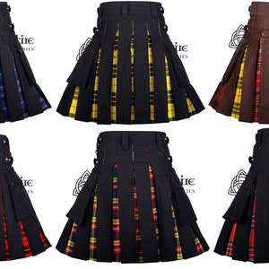 Premium - Handmade - Made to Order - Black Cotton and Scottish Tartan Modern Utility Hybrid Kilt For Men