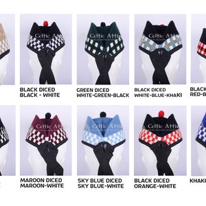 May include: Ten different styles of black wool hats with a checkered pattern and a small pom-pom on top. The hats are arranged in two rows of five. The hats are all black with different colored checkered patterns.