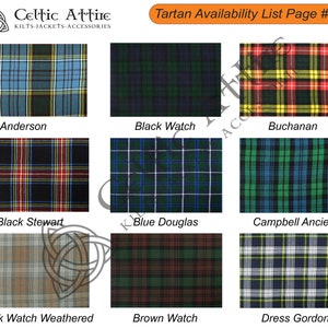 May include: A page from a tartan availability list, showing nine different tartan patterns. The patterns are arranged in a grid of three rows and three columns. Each pattern is labeled with its name, such as "Anderson", "Black Watch", and "Buchanan". The page is titled "Tartan Availability List Page # 01".