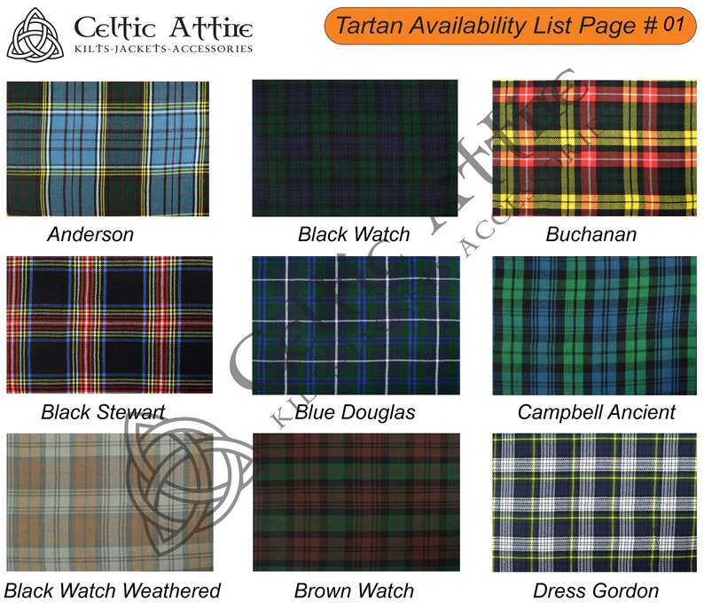 May include: A page from a tartan availability list, showing nine different tartan patterns. The patterns are arranged in a grid of three rows and three columns. Each pattern is labeled with its name, such as "Anderson", "Black Watch", and "Buchanan". The page is titled "Tartan Availability List Page # 01".