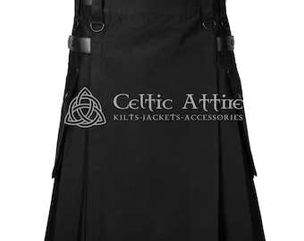 Black Twill 16/12 Heavy Cotton Utility Kilt - Scottish Cargo Pockets KILT FOR MEN - Made to Order Sport Kilt - 9 Colors